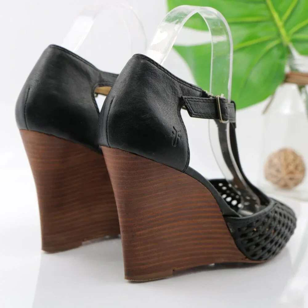 Frye Womens Gwen Sandal Size 9.5 Black Leather Woven T-Strap Wedge Heel Peep Toe - Picture 5 of 12